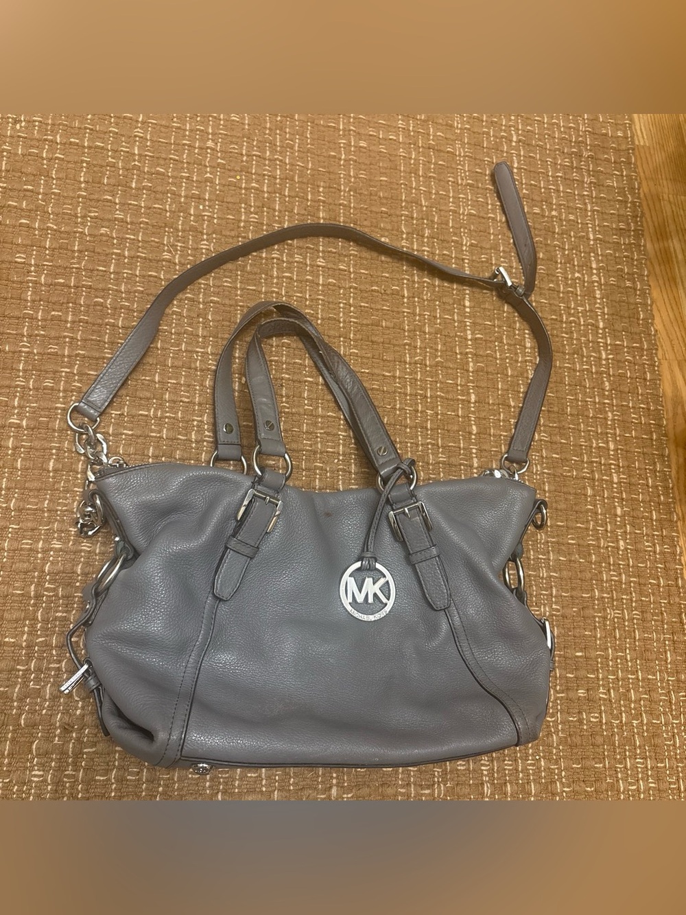Michael Kors Gray Leather Shoulder Bag with MK Charm
